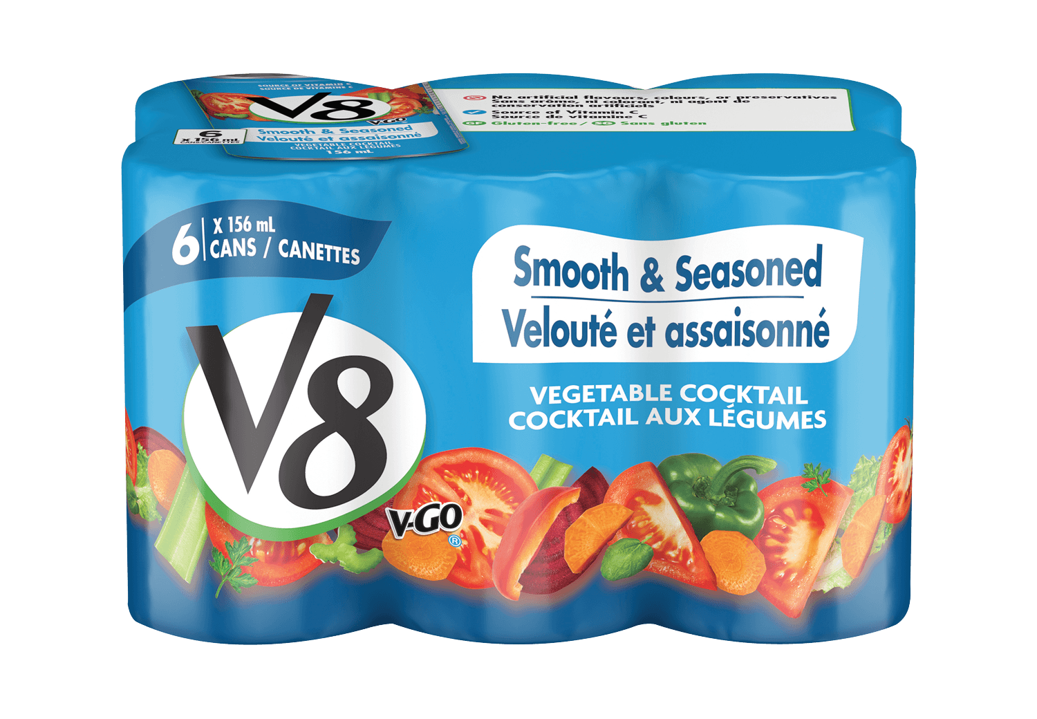 V8 six-pack of cans Smooth & Seasoned flavour