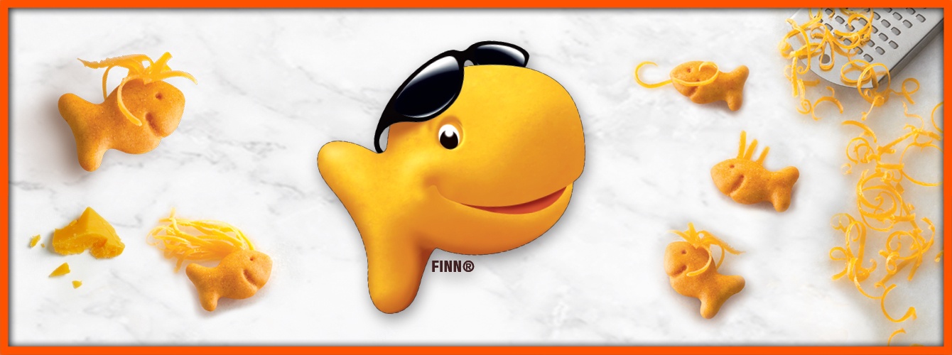 Goldfish character Finn surrounded by crackers