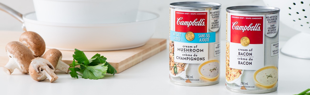 Campbell's Condensed soups beside cooking equipment