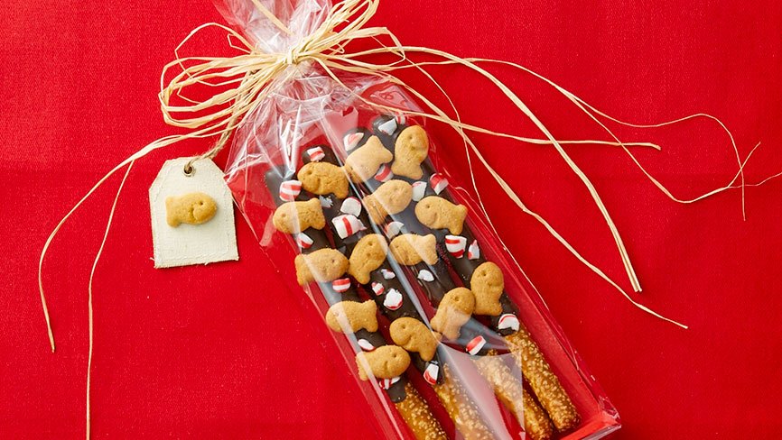 Goldfish® Holiday Pretzel Sticks on red background