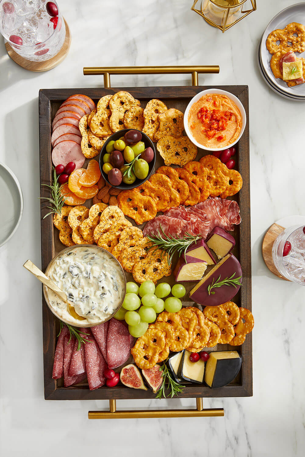 Snack Factory® Pretzel Crisps® Holiday Dip inspired Charcuterie Board